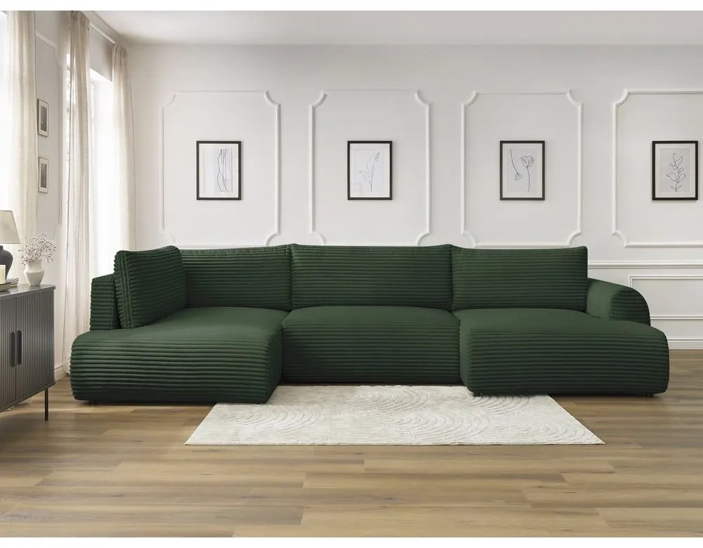 Tmavozelená menčestrová rozkladacia/s úložným priestorom rohová pohovka (ľavý roh/do tvaru "U") Lucien – Bobochic Paris
