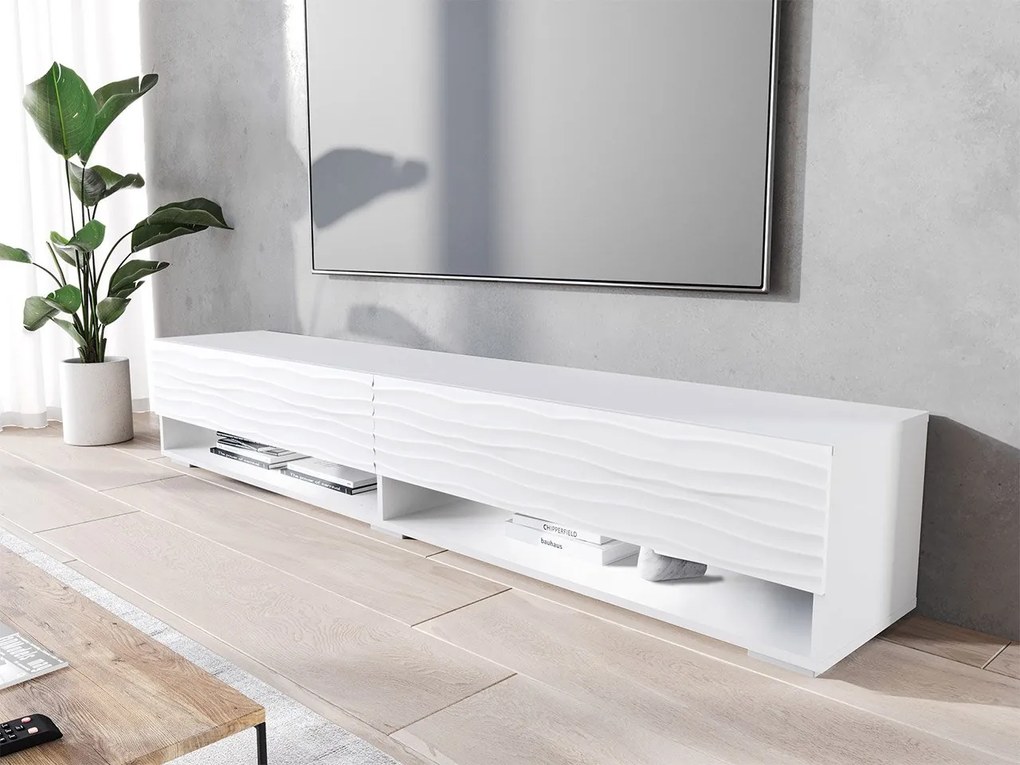 TV stolík/skrinka Adenik 180 MDF, Farby: biela / biela fala, Osvetlenie: osvetlenie LED RGB - farebné
