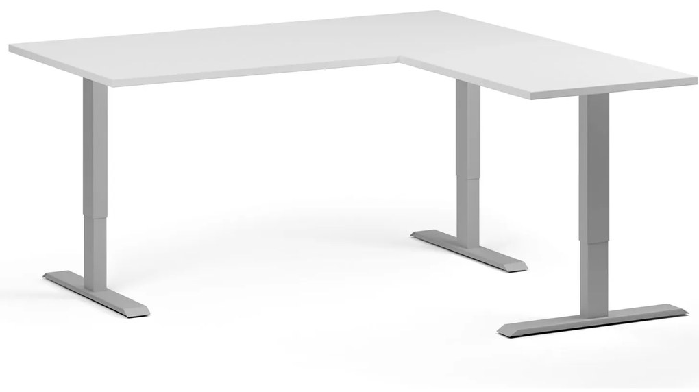Výškovo nastaviteľný stôl, 160x160 cm, 3 motory, L/P, sivá podnož, biela