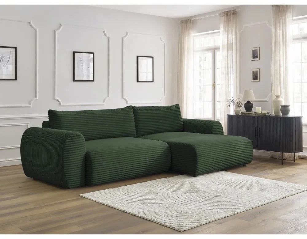 Tmavozelená menčestrová rozkladacia rohová pohovka (pravý roh) Lucien – Bobochic Paris