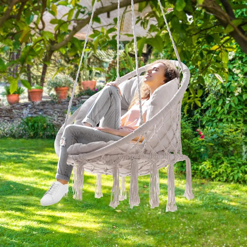 Závesné kreslo BOHO s vankúšmi, Ø61cm, béžová Jurhan