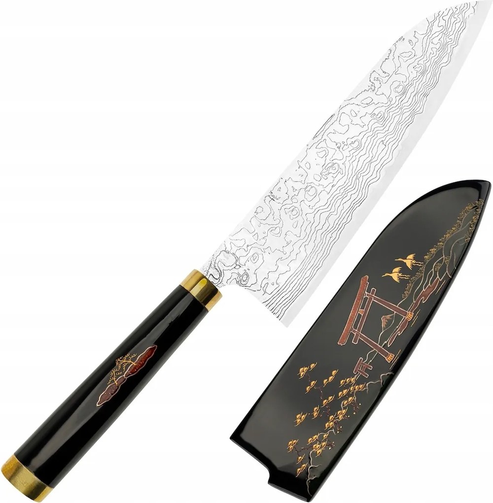 Takeshi Saji Art Tori Fuji On Lake Kuty R-2 Japonský nôž Santoku 18 cm Saya