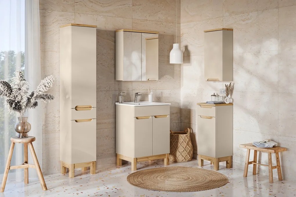 Závěsná skříňka se zrcadlem Bali 84-60-2D kašmír/dub wotan