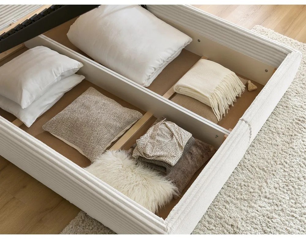 Béžová čalúnená dvojlôžková posteľ s úložným priestorom s roštom 180x200 cm Jade – Bobochic Paris