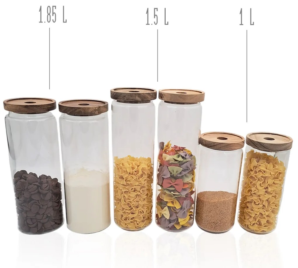 Orion Súprava 6 ks sklenených dóz s akáciovým vekom, BOROSIL 1 / 1.5 / 1.85 L