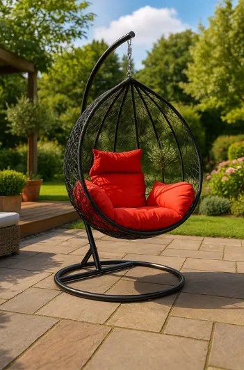 Závesné kreslo 02 čierne s červenou poduškou