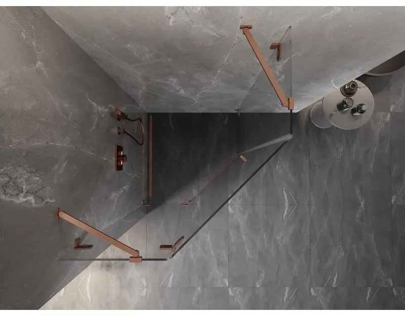 Mexen Lunar, päťuholníkový sprchový kút s ľavým sklonom 90 x 90 cm, 8mm číre sklo, profil medená matná, 831-090L-090P-65-00-L