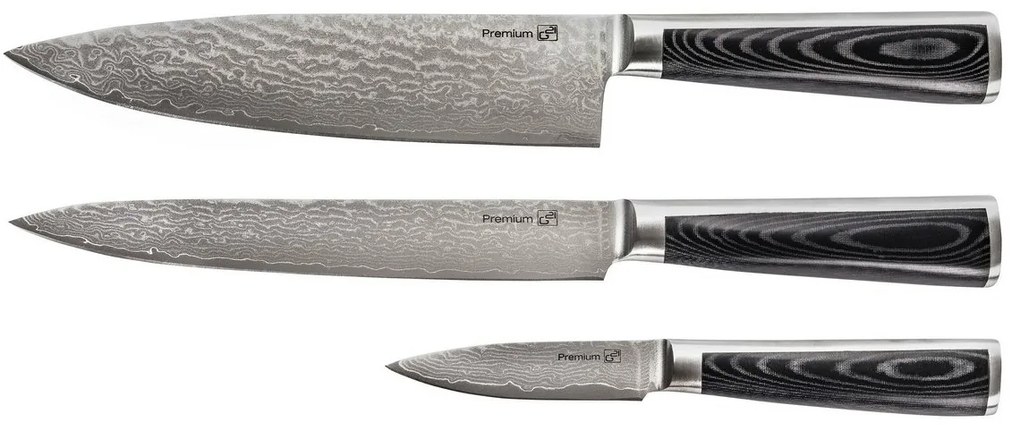 G21 Damascus Premium sada nožov v bambusovombloku, krabička, 3 ks + brúsny kameň