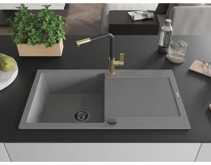 Mexen Leo, 1-komorový granitový drez 900x500x190 mm a drezová batéria Flora, šedá, 6501-71-670401-57-B