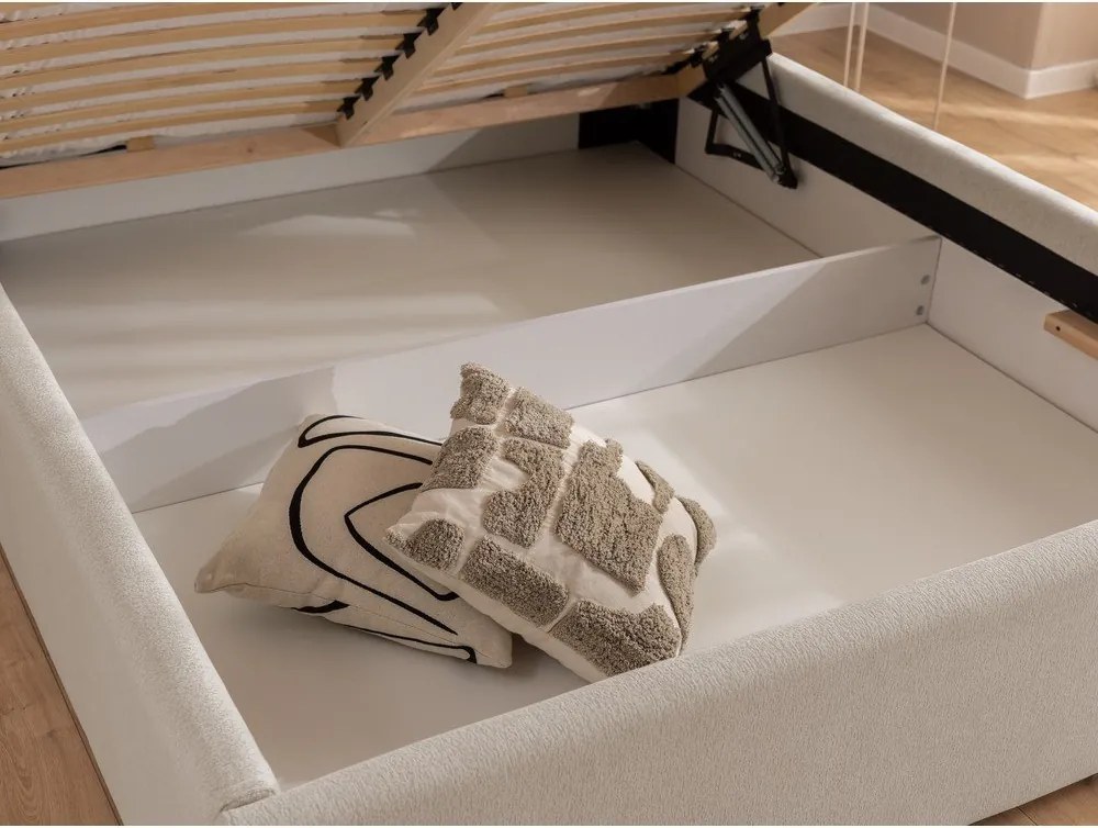 Béžová čalúnená dvojlôžková posteľ s úložným priestorom s roštom 200x200 cm Cille – Ropez