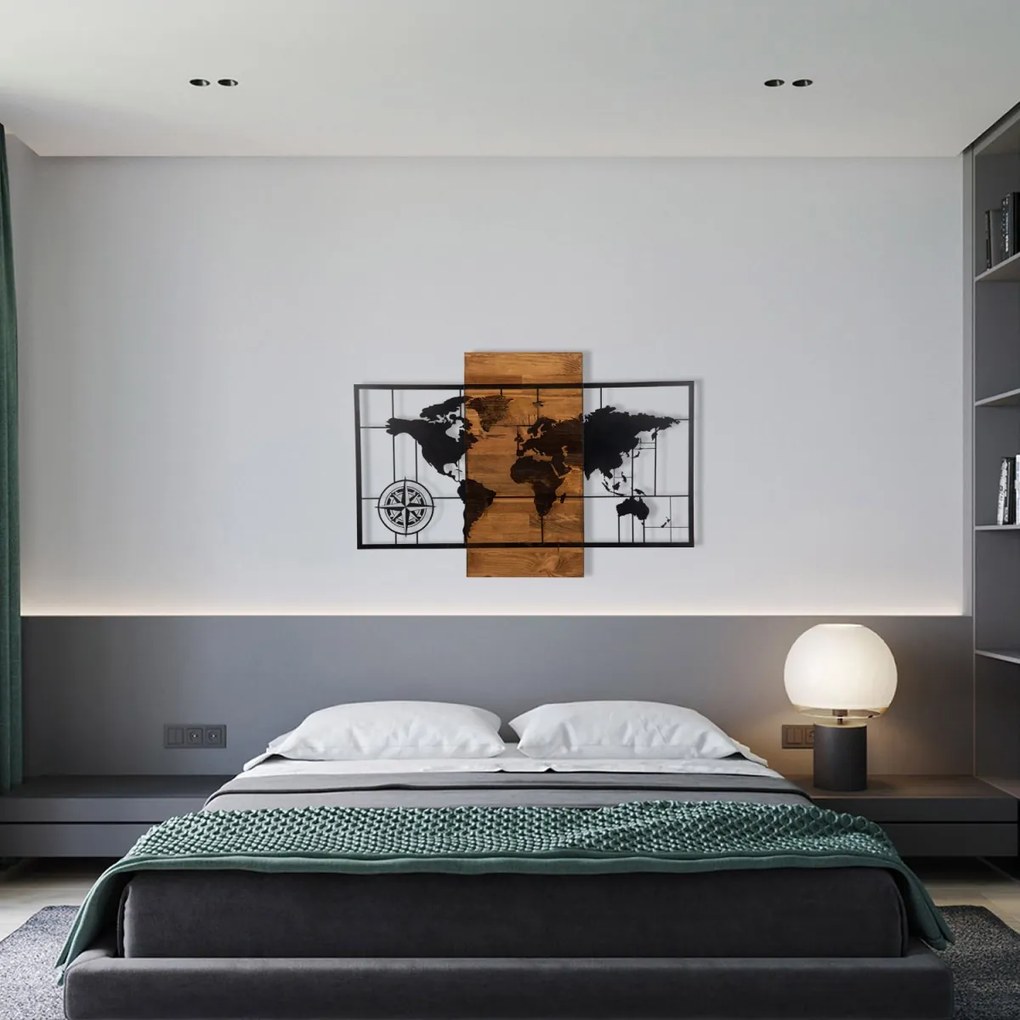 Nástenná drevená dekorácia SVETOVÁ MAPA II hnedá/čierna