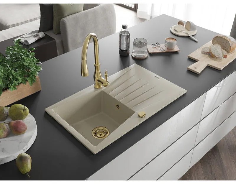 Mexen Cesar, 1-komorový granitový drez 775x470x190 mm a drezová batéria Savita, béžová, 6514-69-672601-50