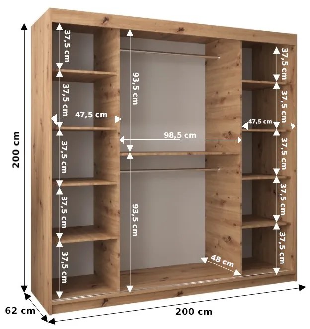 Šatníková skriňa 200 cm Toki 1 (Čierna matná + Dub sonoma). Vlastná spoľahlivá doprava až k Vám domov. 1064936