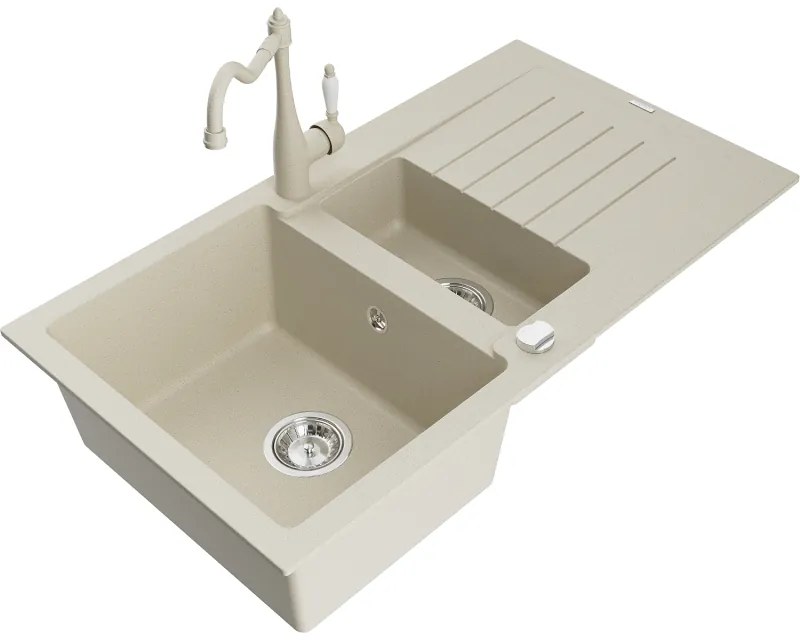 Mexen Matias, granitový drez 900x505x200 mm, 1,5-komorový a drezová batéria Carla, béžová, 6502-69-670700-69
