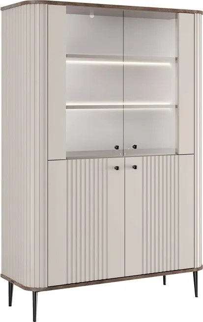 Vitrína Vesper 103 cm štvordverová - kašmír / orech / čierne nohy