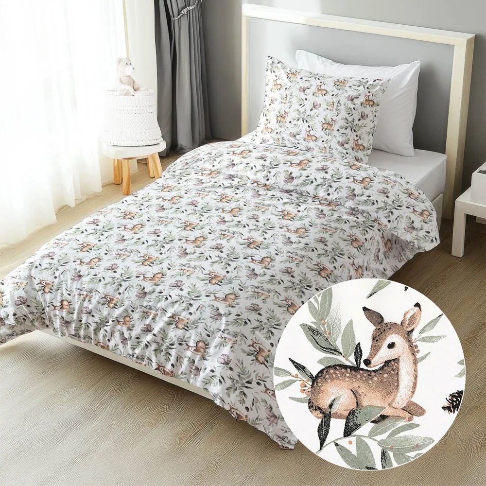 Biante Detské bavlnené posteľné obliečky Sandra SA-455 Srnčekovia zajačikovia a veveričky na bielom Predĺžené 140x220 a 70x90 cm