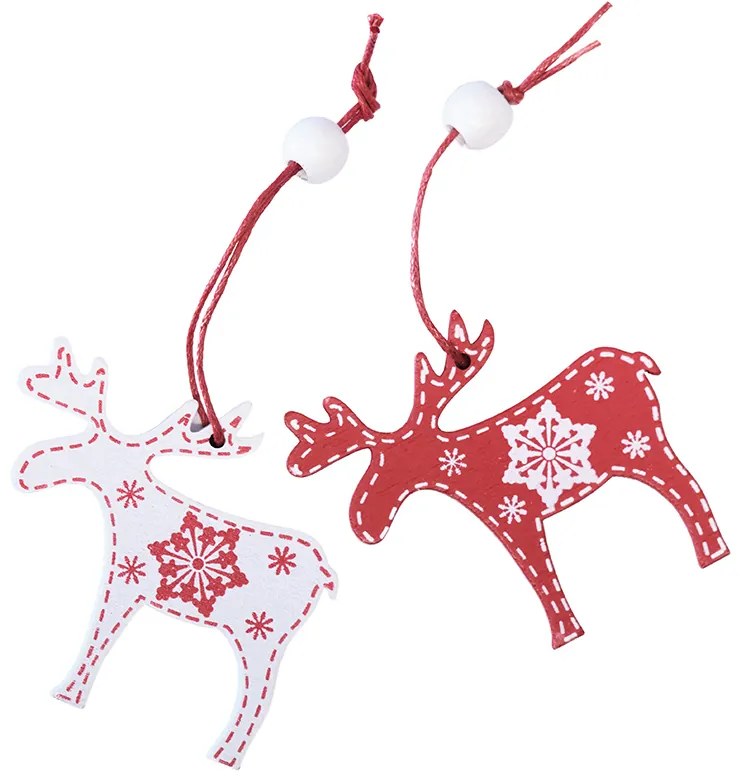 DECOLED Drevený sob, 5x6 cm, červený a biely, 12 ks/balenie.