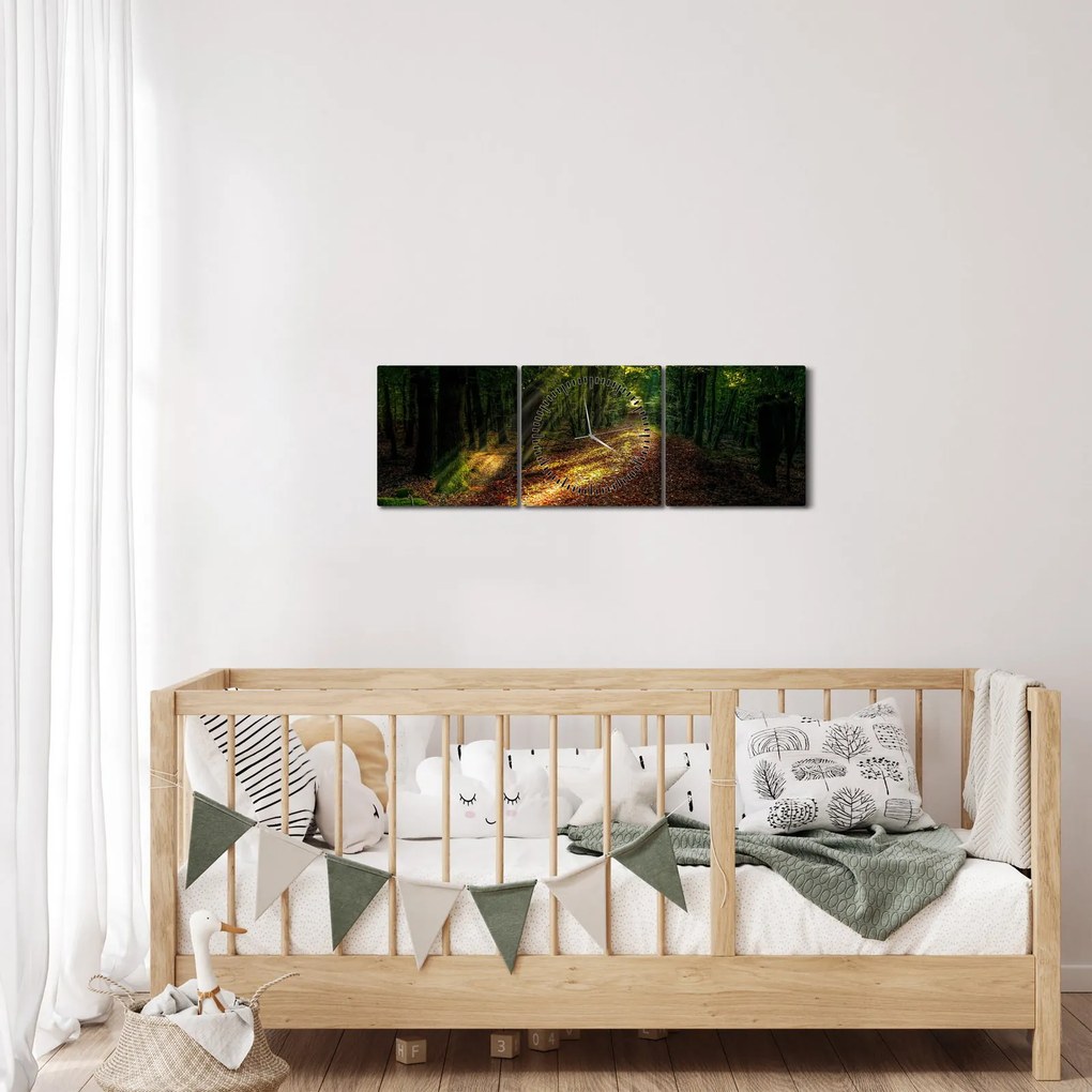 Obraz lesnej cesty (s hodinami) (90x30 cm)