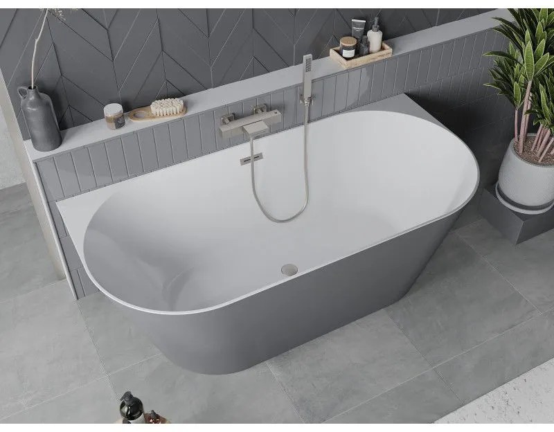 Mexen Oval Slim, voľne stojaca vaňa ku stene, 170 x 80 cm, biela-šedá, oceľový prepad, 52661708062-97