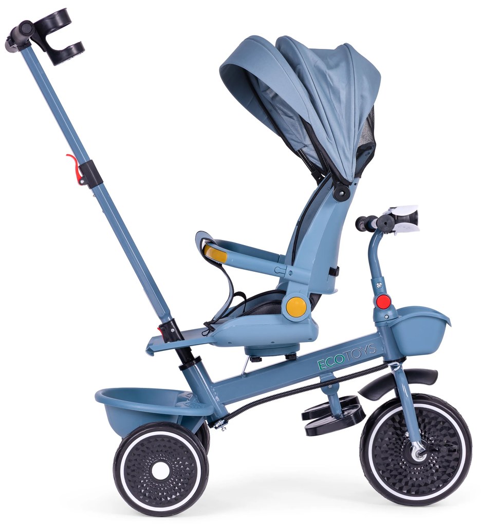 ECOTOYS Trojkolka/ kočík, 2v1, s otočným sedadlom a sklopnou strieškou, modrá