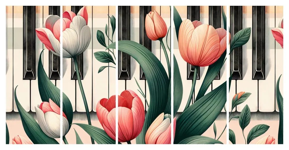 5-dielny obraz klavír a tulipány v kvetinovej symfónii