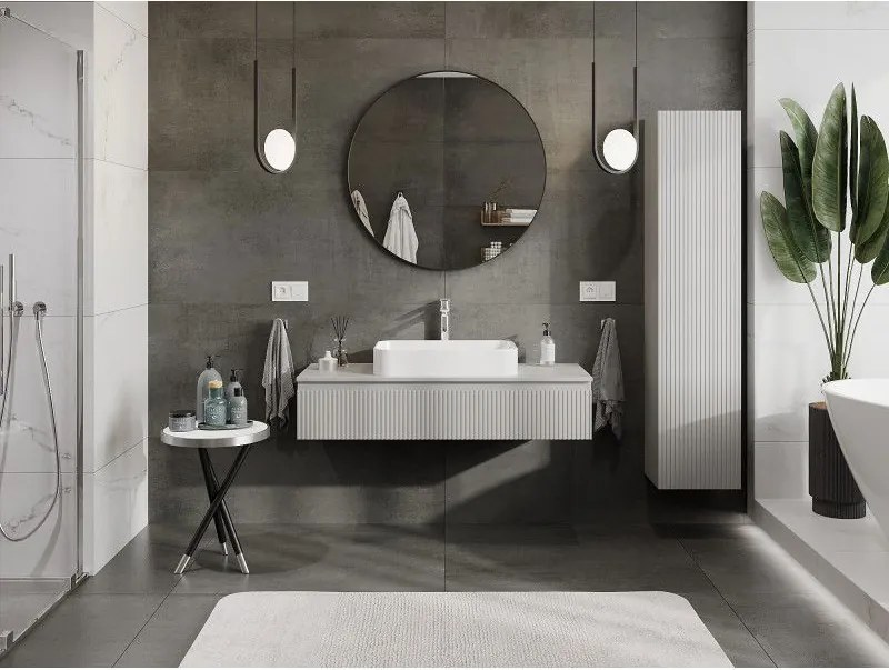 Mexen Rivel, kúpeľňová skrinka 120 cm s pracovnou doskou, 1 zásuvka, drážkovaná, matná sivá, 91A20-12023-1-BFC62