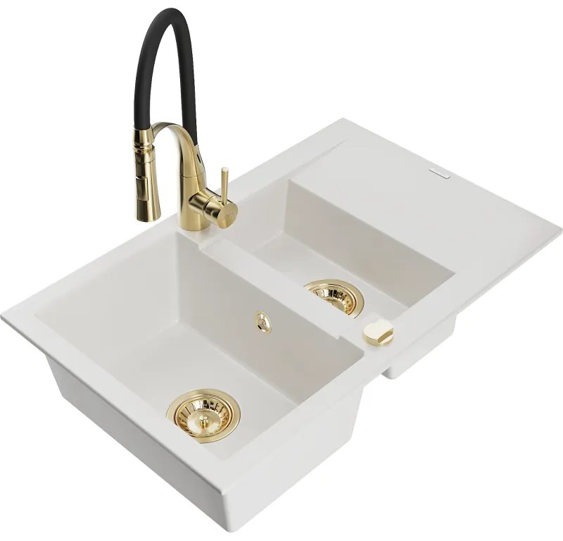 Mexen Gaspar, 1,5-komorový granitový drez 737x475x177 mm a drezová batéria Aster, biela, 6507-20-73450-57-G