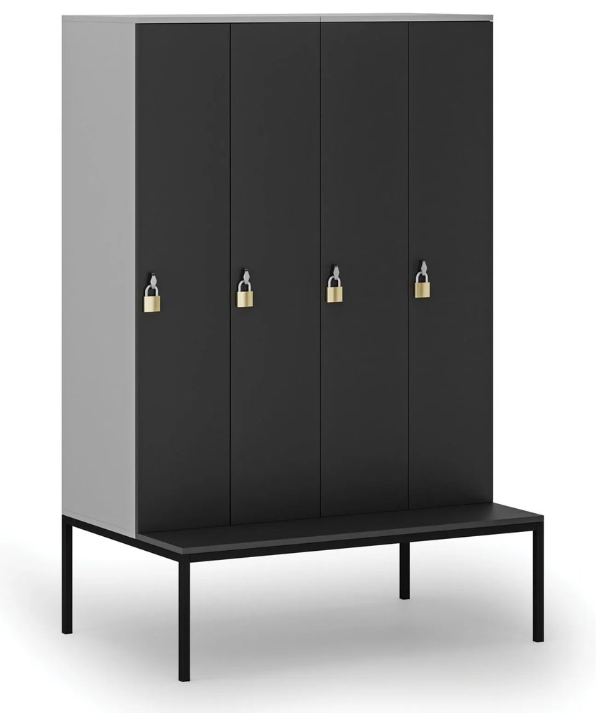 Drevená šatníková skrinka S4 s lavičkou, 4 oddiely, 1871 x 1200 x 500/800 mm, demont, otočný zámok, sivá/grafit