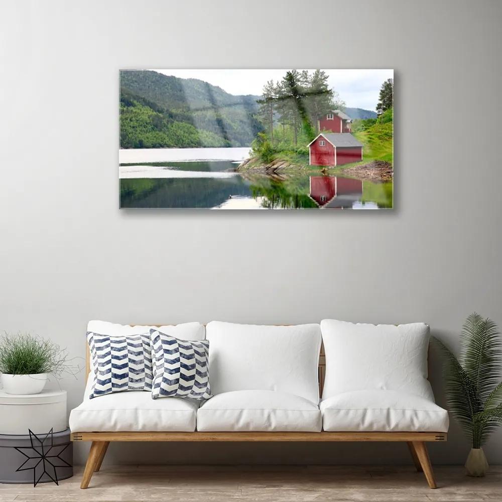 Obraz na akrylátovom skle Hory dom jazero príroda 100x50 cm