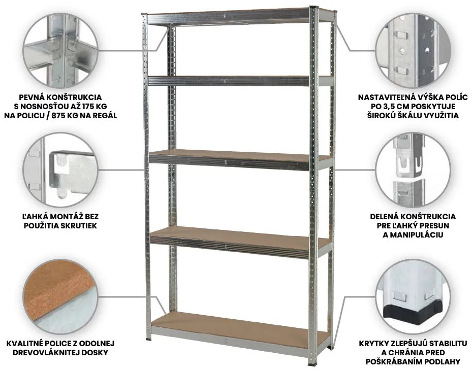 Fistar Regál 1800x700x400 mm zinkovaný 5-policový, nosnosť 875 kg