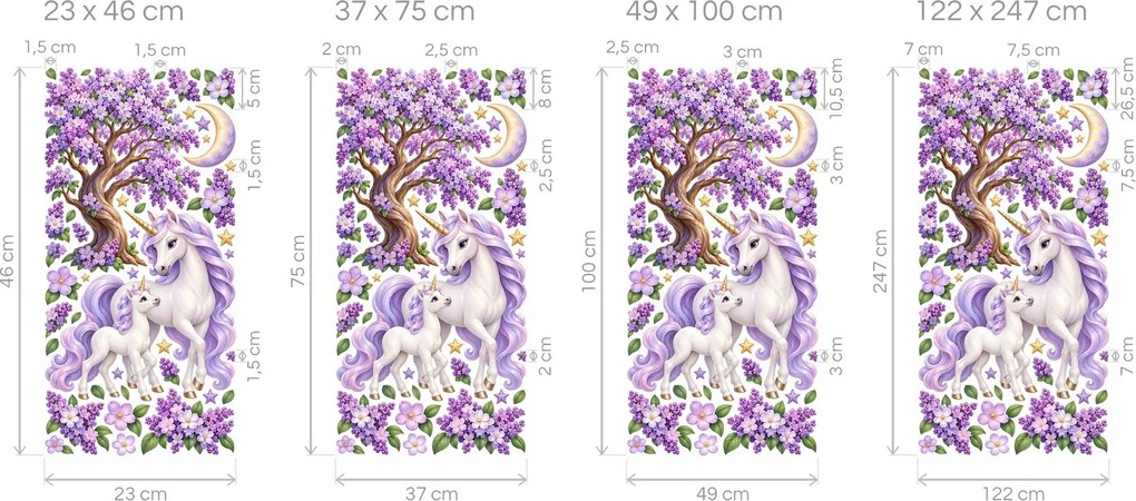 Jednorožce pod kvitnúcim orgovánom fialové nálepky na stenu do izby pre dievčatká hárok 23 x 46 cm