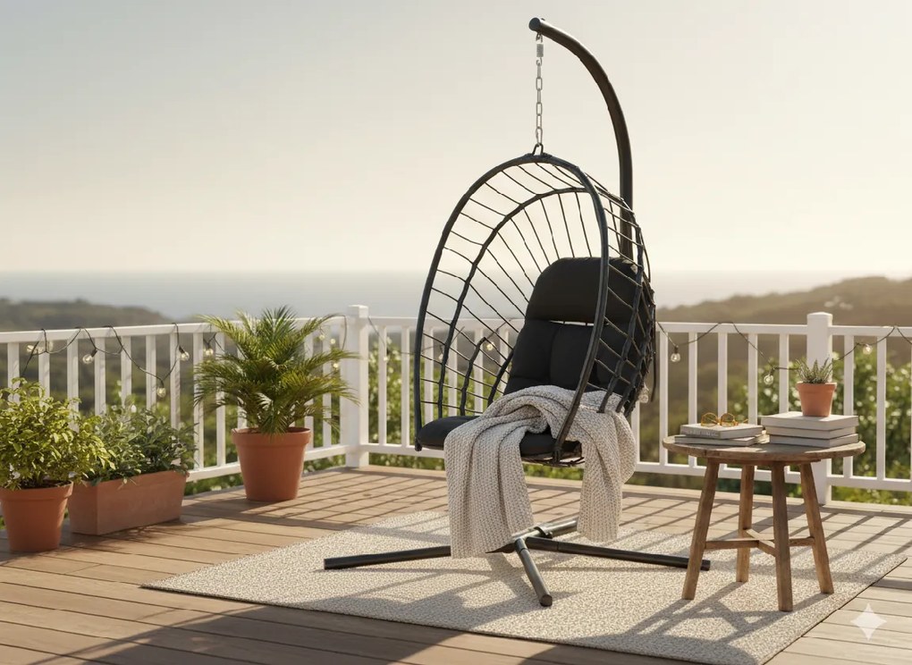 CH ERIS ČIERNA SKLADACIA ZÁVESNÁ STOLIČKA, VANKÚŠ – ČIERNY, RÁM – ČIERNY