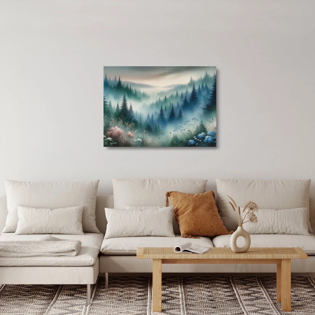 Sklenený obraz - Lesná krajina s hmlou (70x50 cm)