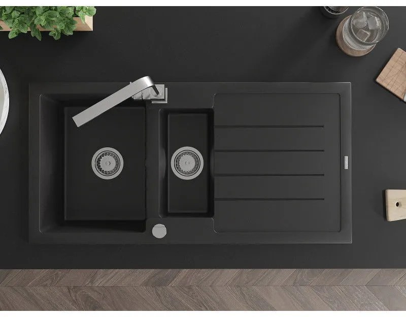 Mexen Andres, granitový drez 1000x500x200 mm, 1,5-komorový, čierna s chrómovým sifónom a chrómová drezová batéria Rita, 6515-77-670300-00