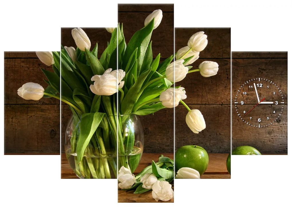 Gario Obraz s hodinami Očarujúce biele tulipány - 5 dielny Rozmery: 150 x 70 cm