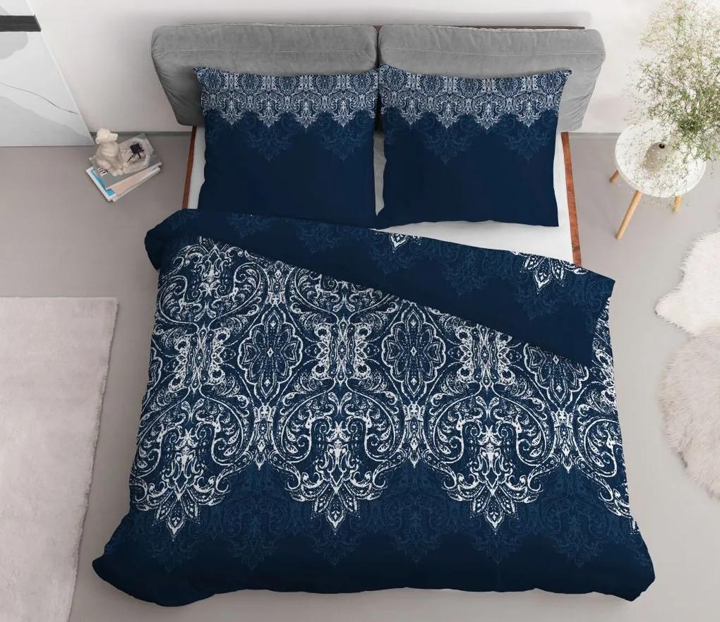 Dokonalé postelné bavlnené obliečky v modrej farbe s krásnym orientálnym vzorom v bielej farbe