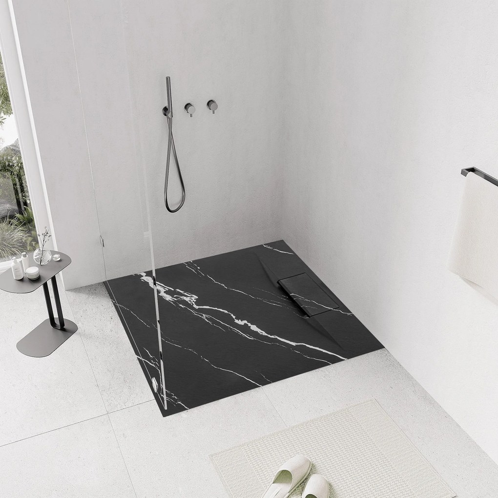 Štvorcová sprchová vanička z SMC kompozitu REA BAZALT CARRARA 90x90 cm, čierny mramor