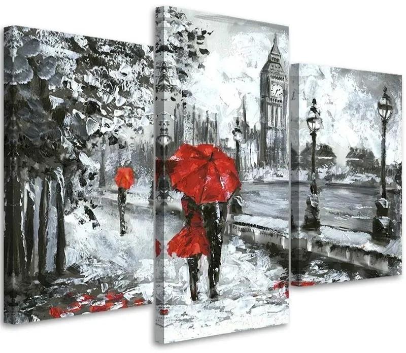 Obraz na plátně třídílný Procházka v Londýně v červeném - 150x100 cm