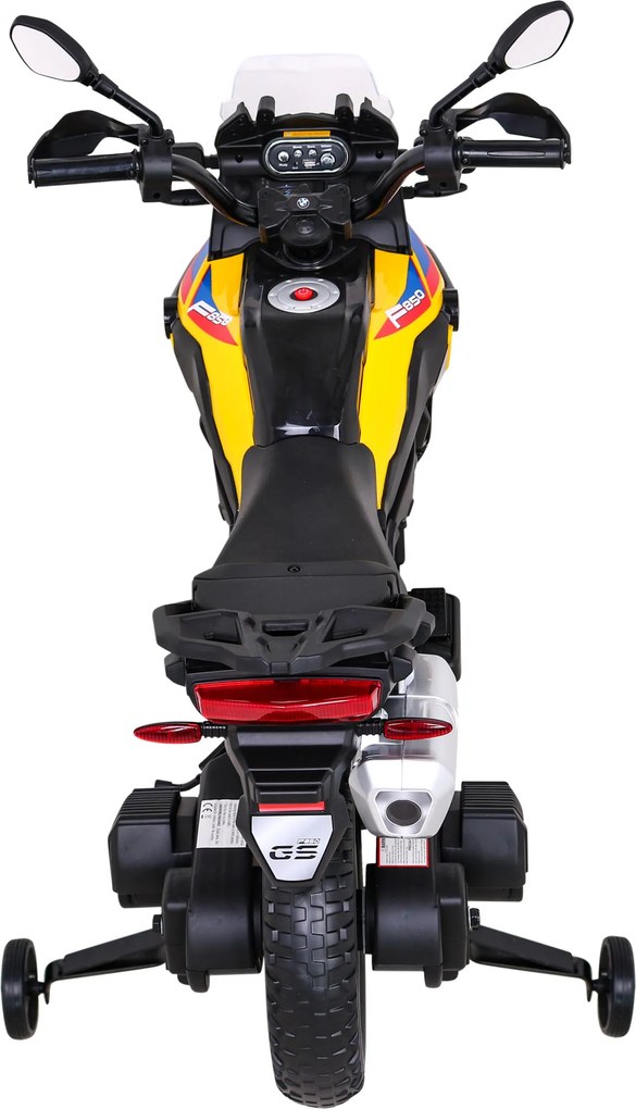 Ramiz BMW F850 GS Detský motocykel na batérie žltý + asistenčné kolesá + LED audio + pomalý štart + EVA