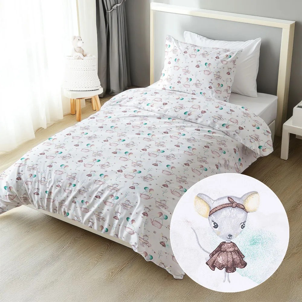 Biante Detské bavlnené posteľné obliečky Sandra SA-372 Myšky a konvičky na bielom Jednolôžko 140x200 a 70x90 cm