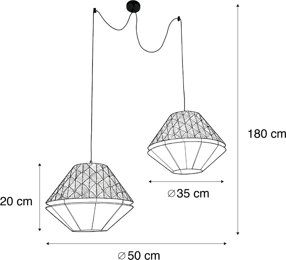 Závesná lampa čierna s dvojitým zamatovým tienidlom s dizajnom listov a béžovou farbou 2-svetlá - Cava Luxe