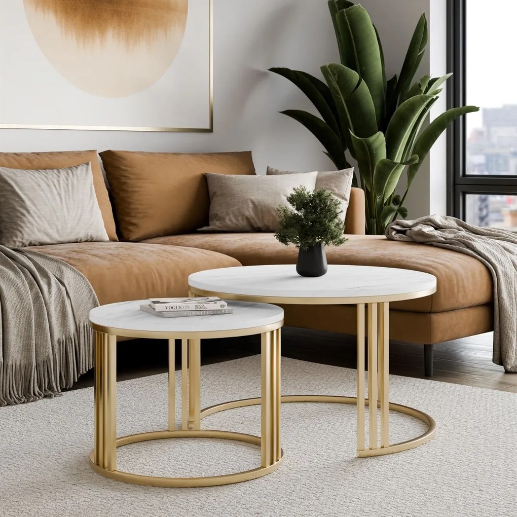 OKRÚHLY KONFERENČNÝ STOLÍK 2v1 LEONARDO 2 BRÚSENÁ ZLATÁ + MRAMOR