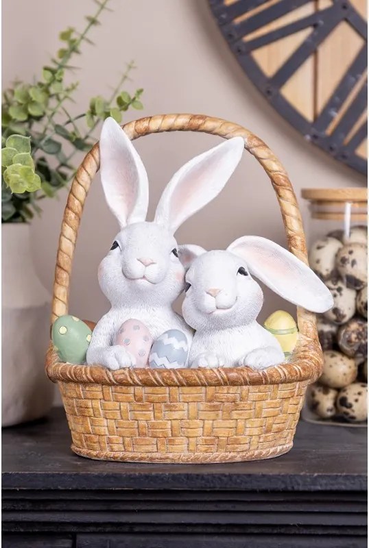 Dekorácia králiky v košíčku s vajíčkami - 17*13*20 cm