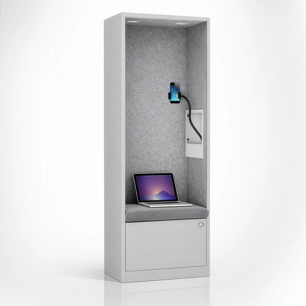 Kancelárska akustická kabína so sedadlom a portom USB-C, telo v sivý / sedák sivá v zelenej farbe, 600 mm: SALLY MentalBox