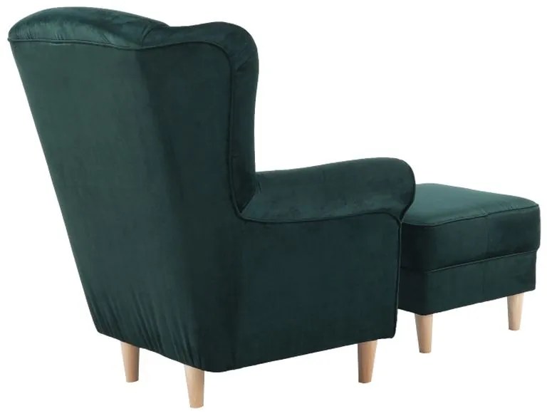 Kondela Kreslo, ušiak s taburetom, smaragdová látka, ASTRID