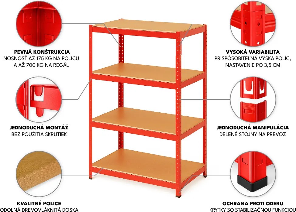 Regál 150x70x30 cm lakovaný 4-policový, nosnosť 700 kg - červený - 2ks