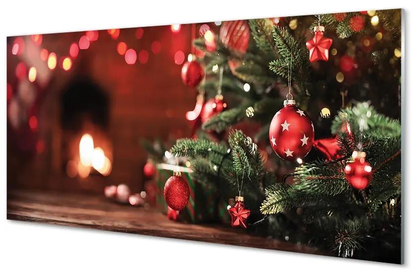 Sklenený obraz Vianočný strom ozdoby svetla darčeky 125x50 cm