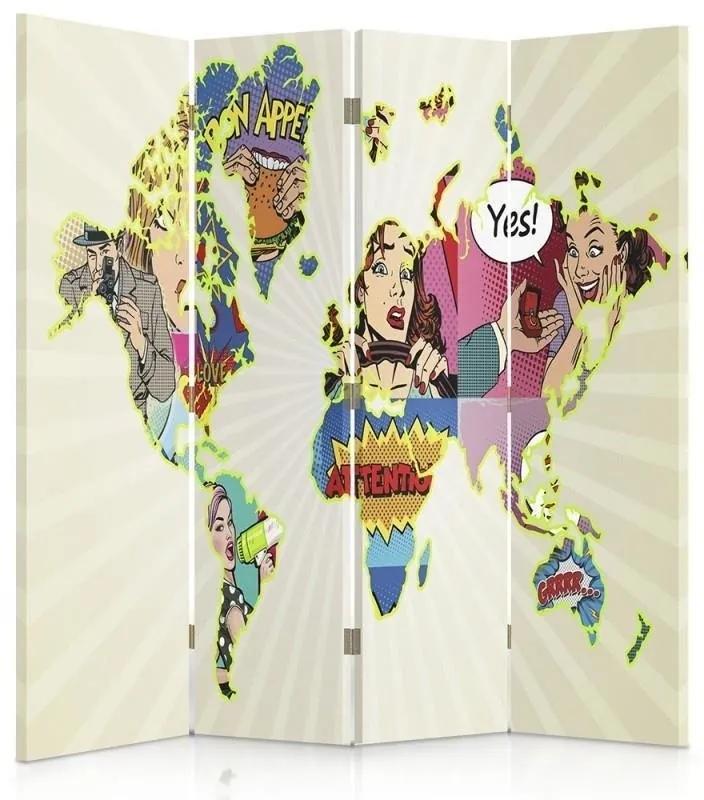 Ozdobný paraván Mapa světa pop-artu - 145x170 cm, štvordielny, obojstranný paraván 360°