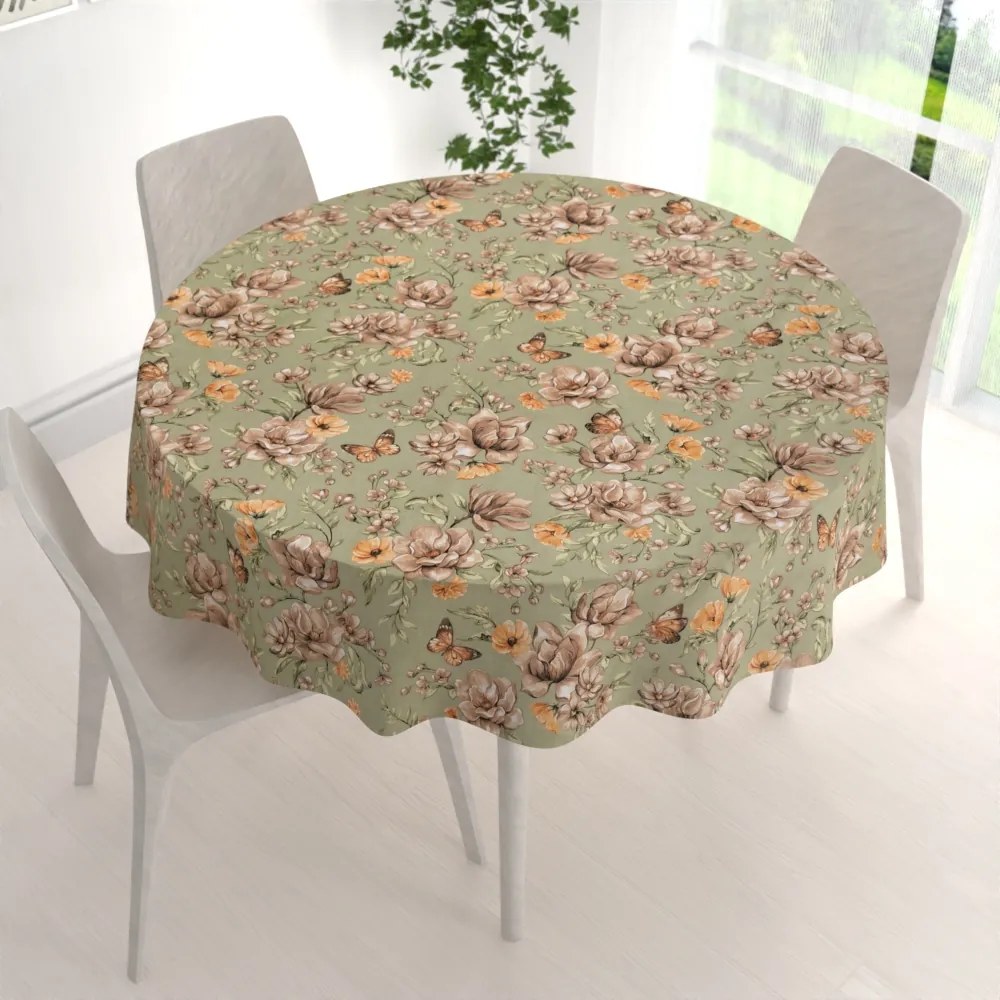 Biante Bavlnený okrúhly obrus Sandra SA-472 Hnedé kvety magnólie na zelenom Ø 70 cm