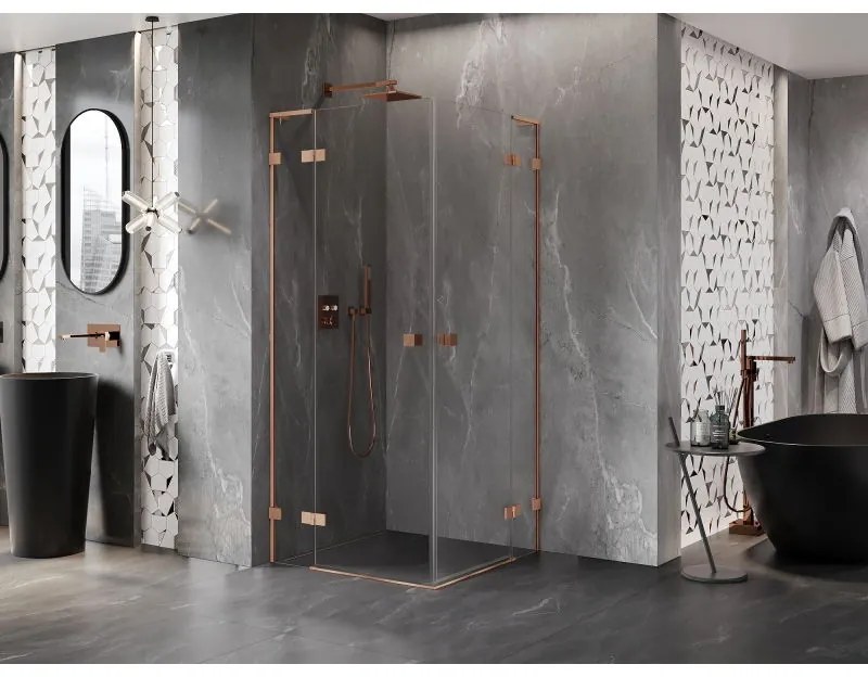 Mexen Lunar, L Duo výklopný sprchový kút 80 x 80 cm, 8mm číre sklo, profil medená matná, 834L-080L-080P-65-00